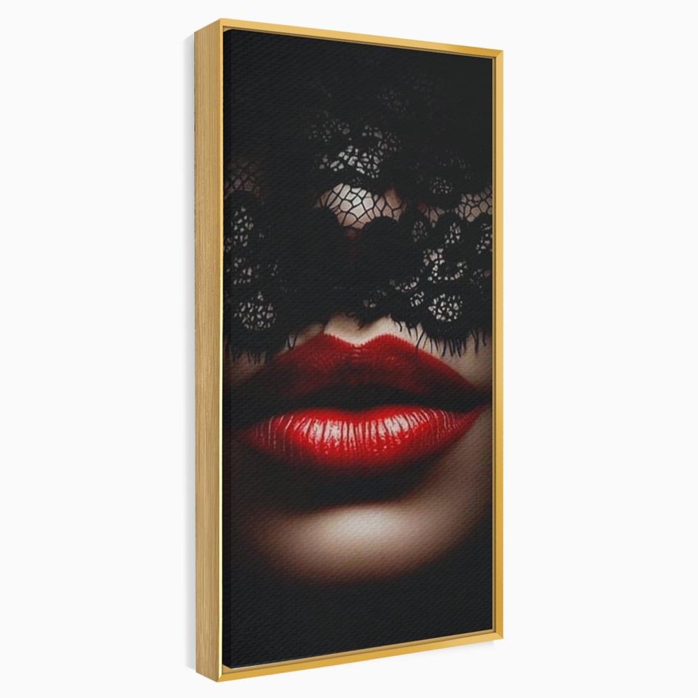 Tablou canvas cu tablou canvas cu buze rosii si dantela, in rama de aluminiu auriu